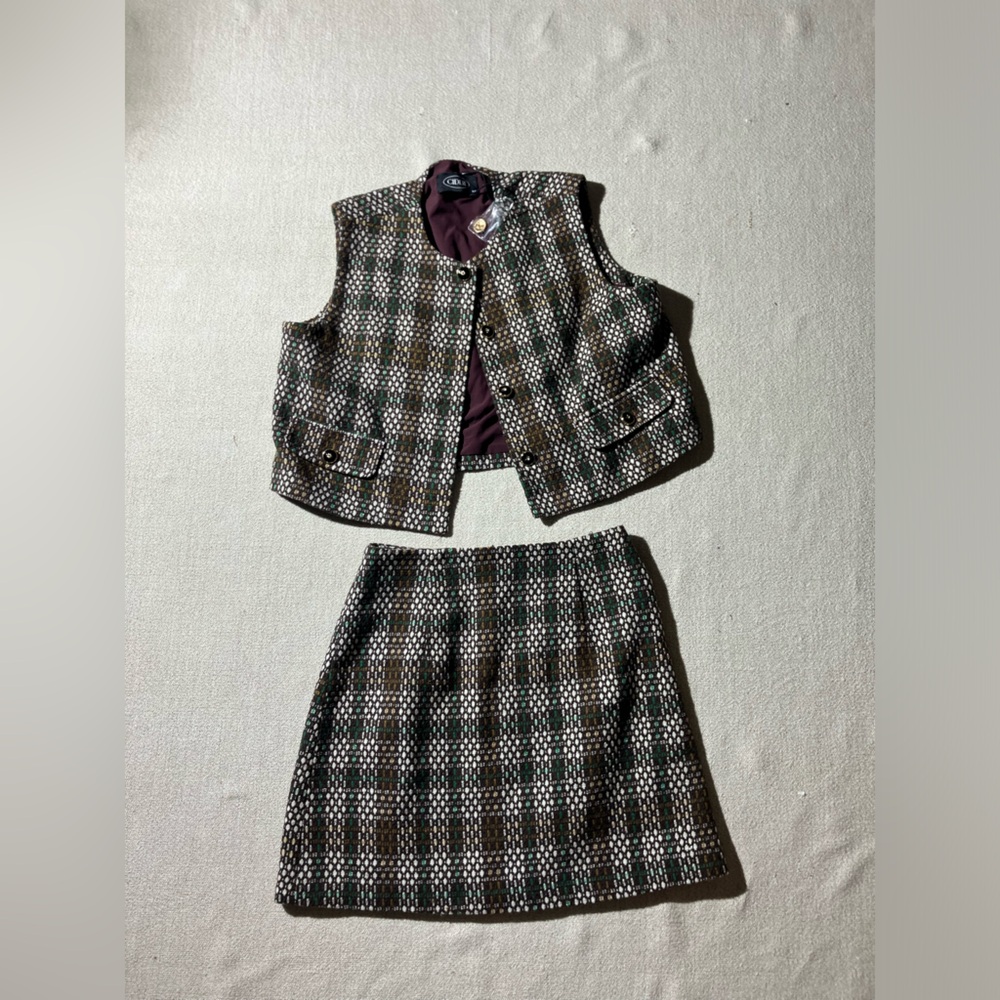 Cider Two-Piece Tweed Skirt Set in Brown, Green, Cream